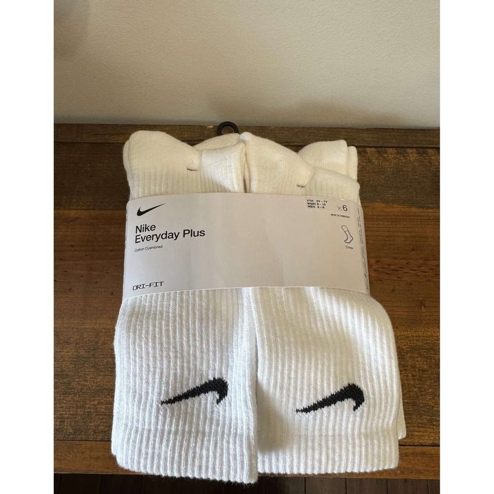 Nike Everyday Plus Cushioned Crew Socks White 6 Pair Pack SX6897-100 Mens Size M